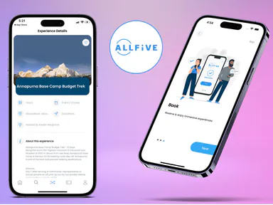 Two phone screens from the AllFive app showing an experience listing and a booking step